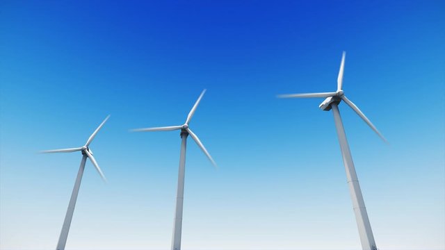 Wind farm in the blue sky. Alternative renewable energy generation. Environmental conservation concept.
