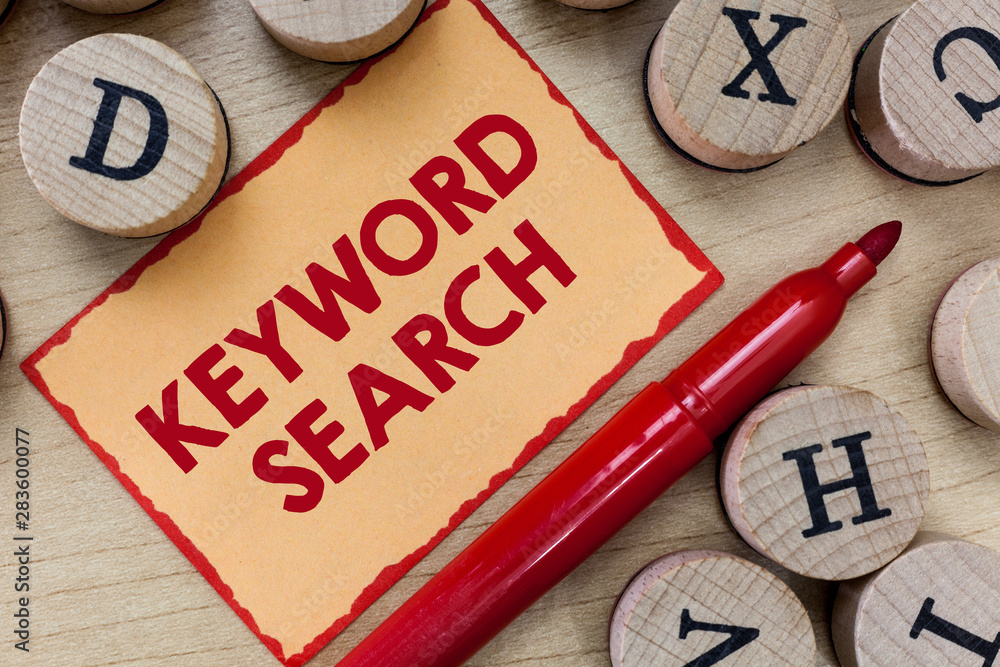 Aufkleber text sign showing keyword search. conceptual photo using word or term to look correct subject associ