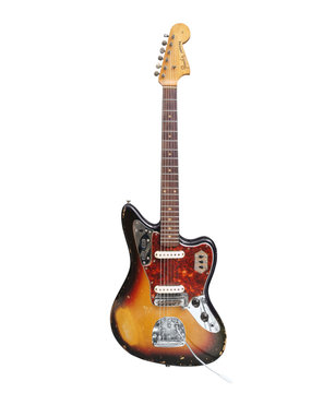 Illustrative editorial photo of vintage Fender Jaguar electric guitar with white background on July 26, 2009 in Los Angeles, California, USA.  