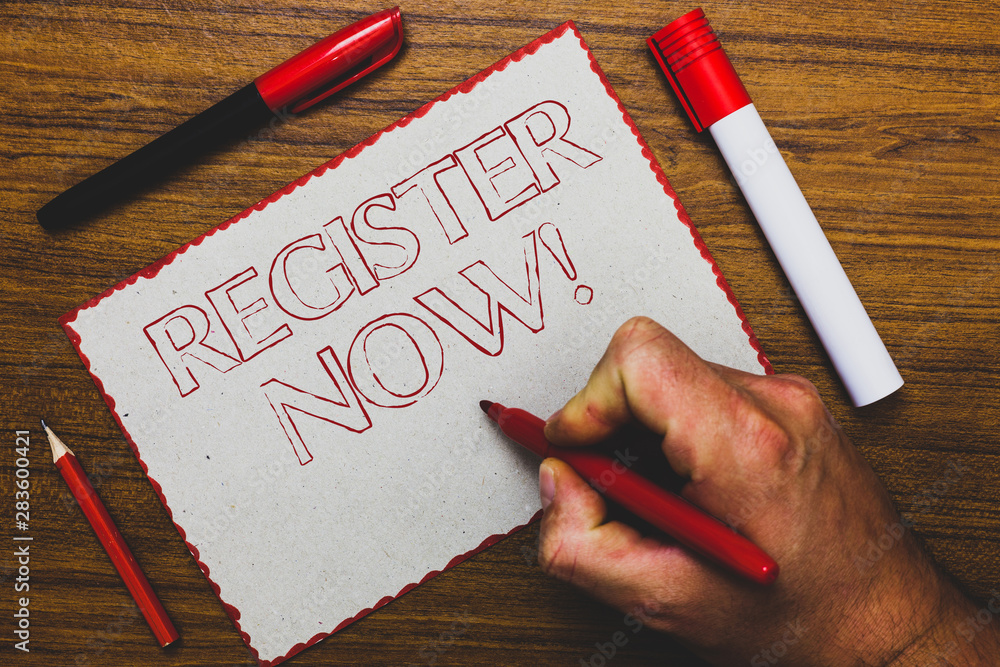 Aufkleber word writing text register now. business concept for name in an official list enlist to be a member 