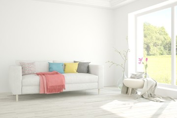 Stylish room in white color with sofa and summer landscape in window. Scandinavian interior design. 3D illustration