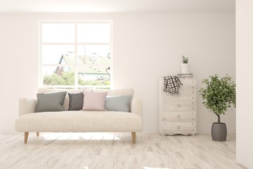 Stylish room in white color with sofa. Scandinavian interior design. 3D illustration