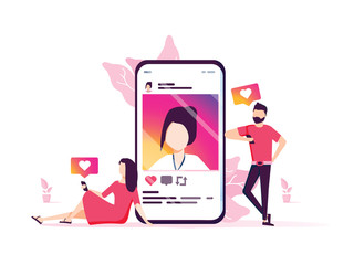 social media marketing vector concept illustration, happy woman and men give like comment on social network