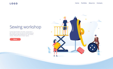 Seamstress vector website template, web page and landing page design for website and mobile site development. Sewing