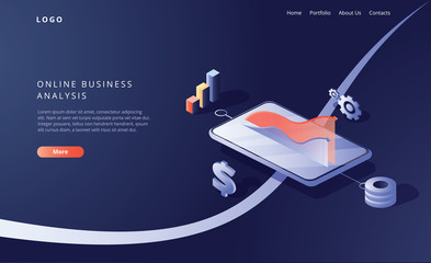 Online business analysis strategy isometric vector illustration. Data analytics for company marketing solutions