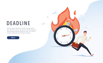 Office worker character running with timer on fire on back. Deadline and rush hour. Vector illustration.