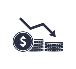 Money reduction line icon. Stacks of coins, cash, graph, arrow down. Investment concept. Vector illustration