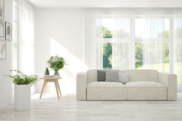 Stylish room in white color with sofa and summer landscape in window. Scandinavian interior design. 3D illustration