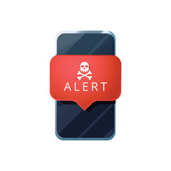 Mobile phone virus alert. Malware smartphone scam phishing security error skull message. Malware notification