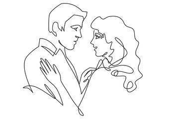 Continuous one drawn single line of romantic embrace of two lovers, newlyweds, young people.