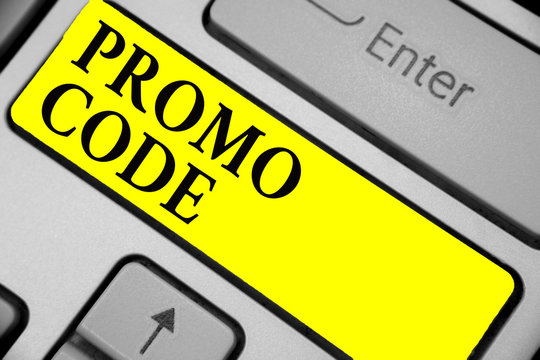 Writing note showing Promo Code. Business photo showcasing digital numbers that give you good discount on certain product Keyboard yellow key Intention computer computing reflection document
