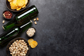 Bottled beer and snacks