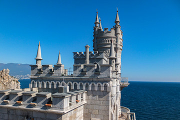 Close-up of Castle Swallow's Nest in Black Sea in Crimea, Russia. Amazing symbol and landmark of Crimea. One of main tourist places of Crimea was built in 1912. Architecture and nature of Crimea