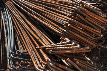  Industrial background. Rebar texture. Rusty rebar for concrete pouring. Steel reinforcement bars. Construction rebar steel work reinforcement. Closeup of Steel rebars.