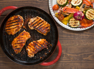 honey garlic pork chops with grilled vegetables