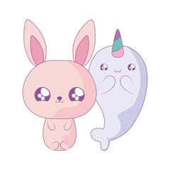 cute narwhal with bunny baby animals kawaii style