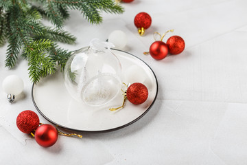Festive place setting for christmas dinner. Top view. Copy space.