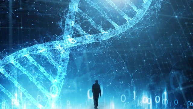 Artistic dna cell structure with people in digital computer cyberspace.