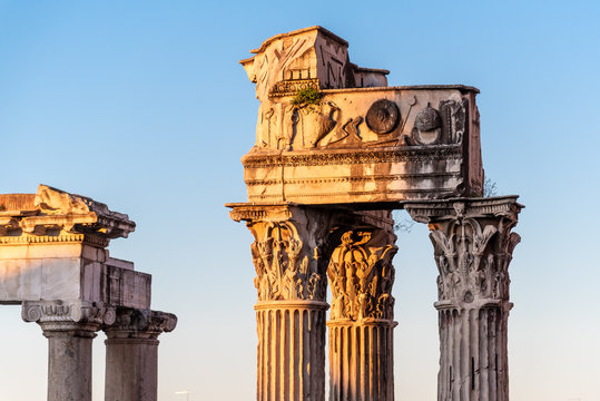 Detailed view of temple ruins in Roman Forum, Rome, Italy