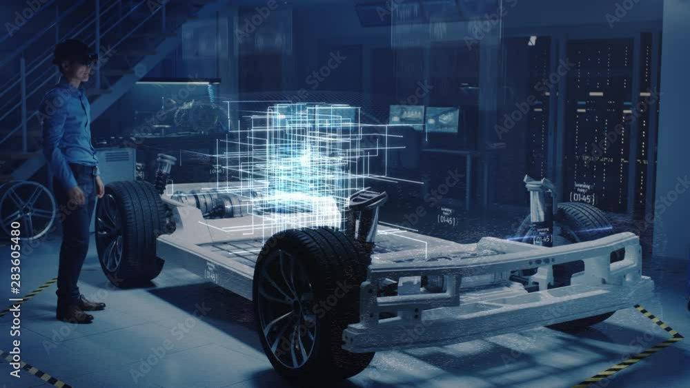 Leinwandbilder engineer wearing augmented reality headset chooses body for new electric car concept. 3d graphics vi