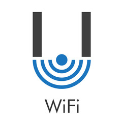 Logotipo abstracto con texto WiFi con letra U con ondas abajo en azul y gris