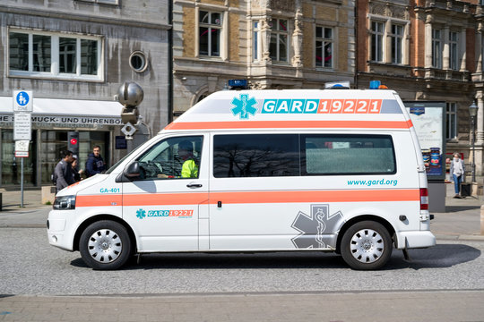 HAMBURG, GERMANY - APRIL 9, 2019: G.A.R.D. ambulance. The Gemeinn&uuml;tzige Ambulanz und Rettungsdienst GmbH was founded in 1983 in Hamburg and is part of the Falck Group since 2013.