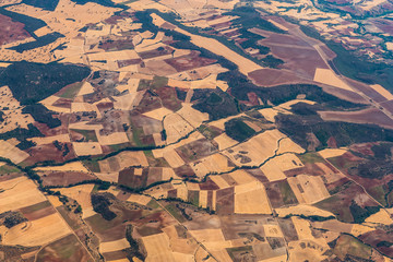 aerial view of agricultural area in Spain - near Madrid - fields already harvested 