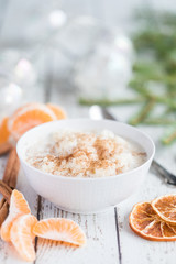 Traditional rice pudding with ground cinnamon