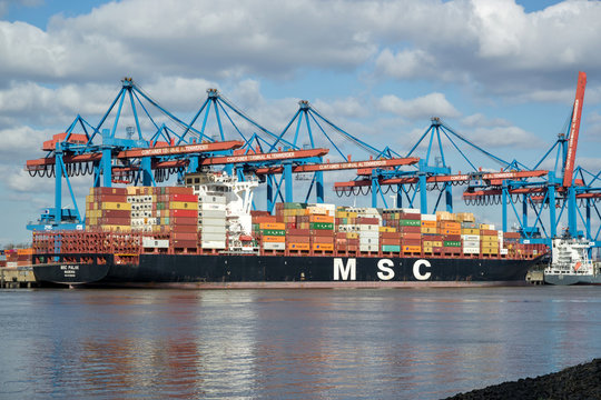 HAMBURG, GERMANY - APRIL 10, 2019: MSC PALAK at the HHLA Container Terminal Altenwerder (CTA). MSC is the world's second-largest shipping line in terms of container vessel capacity.