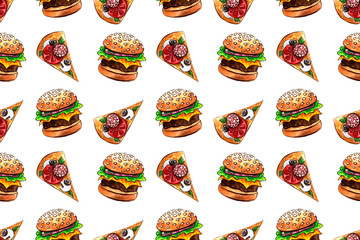 seamless pattern with junk fast food drawing by watercolor, artistic painting background, hand drawn illustration. pizza and burger set