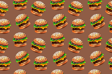 seamless pattern with junk fast food drawing by watercolor, artistic painting background, hand drawn illustration. pizza and burger set