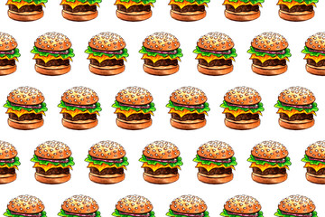 seamless pattern with junk fast food drawing by watercolor, artistic painting background, hand drawn illustration. pizza and burger set