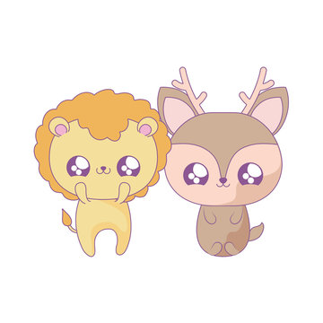 cute lion with reindeer baby animals kawaii style