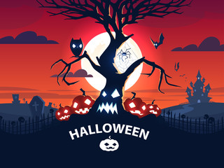 Halloween banner. A family of pumpkins, a tree, an owl, bats, a spider on the web, a cemetery and Draculas castle against the background of the moon. Vector EPS 10