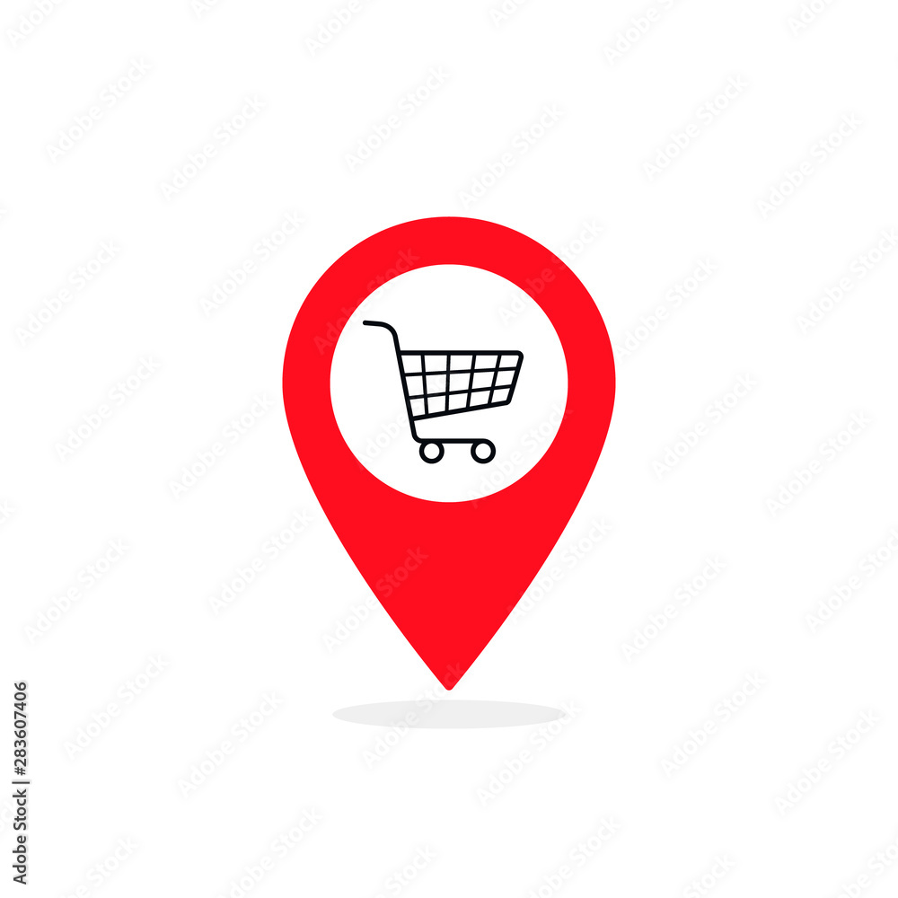 Poster map pointer marker with shopping cart icon, map pin, gps location symbol, vector illustration