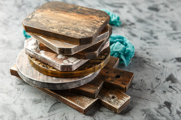 Set of different old wooden chopping boards