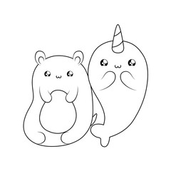 cute narwhal with bear baby animals kawaii style