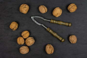 Lot of whole ripe brown walnut with old nutcracker flatlay on grey stone