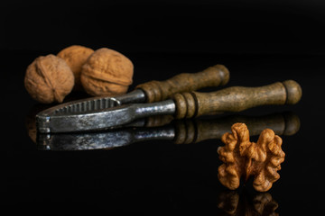 Group of four whole ripe brown walnut one is without shell with old nutcracker isolated on black glass