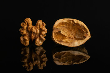 Group of one whole one piece of ripe brown walnut isolated on black glass