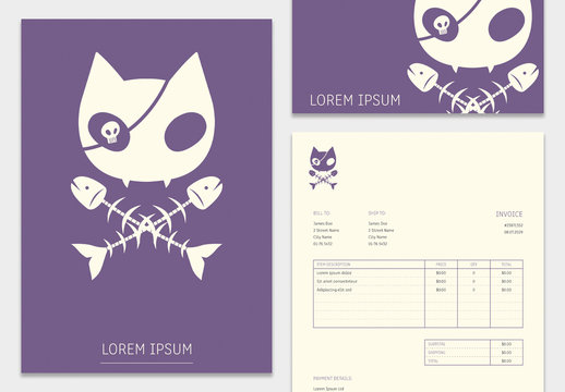 Cat Crossbones Stationery Layout Pack with Purple Elements