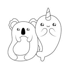 cute narwhal with koala baby animals kawaii style