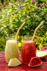 Homemade fruit smoothies made of watermelon and melon on a table in the garden, vertical orientation
