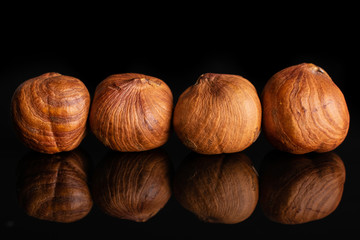Group of four whole ripe brown hazelnut in row in closeup isolated on black glass