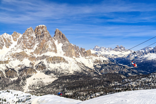 Cortina D'Ampezzo mountain ski resort in Italian Dolomites Alps mountain range in winter