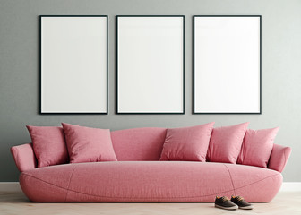 Horizontal mock up poster frame in modern interior background, millennial pink sofa in living room, Scandinavian style, 3D render, 3D illustration