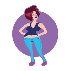 dissatisfied woman who wearing jean. a standing up cartoon woman, flat style vector illustration.