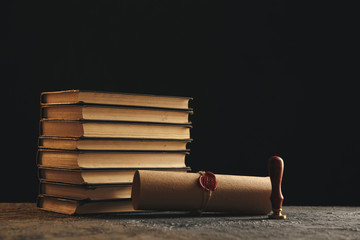 Notary's public pen and stamp on testament and last will. Notary public tools