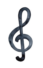Decorative watercolor of artistic Treble Clef symbol. One single object, black color. Handdrawn watercolour grungy painting on white background, cutout clip art element for creative design decoration.