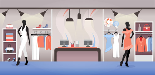 Clothes shop interior, dress and accessory boutique with racks and cashboxes